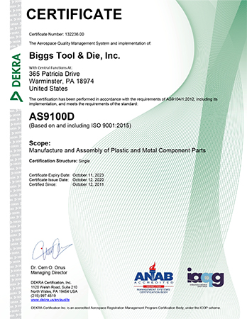 Biggs Tool Die Inc AS9100D Certificate Exp 10112023