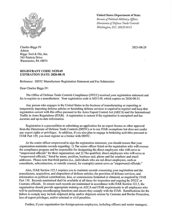 ITAR CERTIFICATION 11 2025